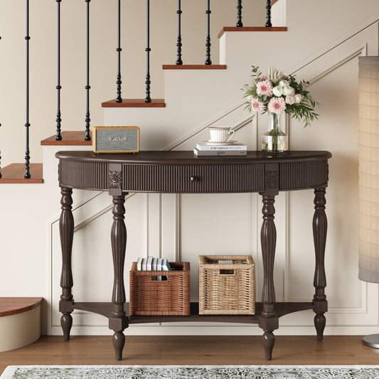 Solid Wood Half Moon Console Table with Drawer & Shelf, Fluted Vintage Curved Entryway Table for Hallway Living Room Foyer, Narrow Space Sofa Table with Roman Column Carved Legs, Deep Rustic Brown