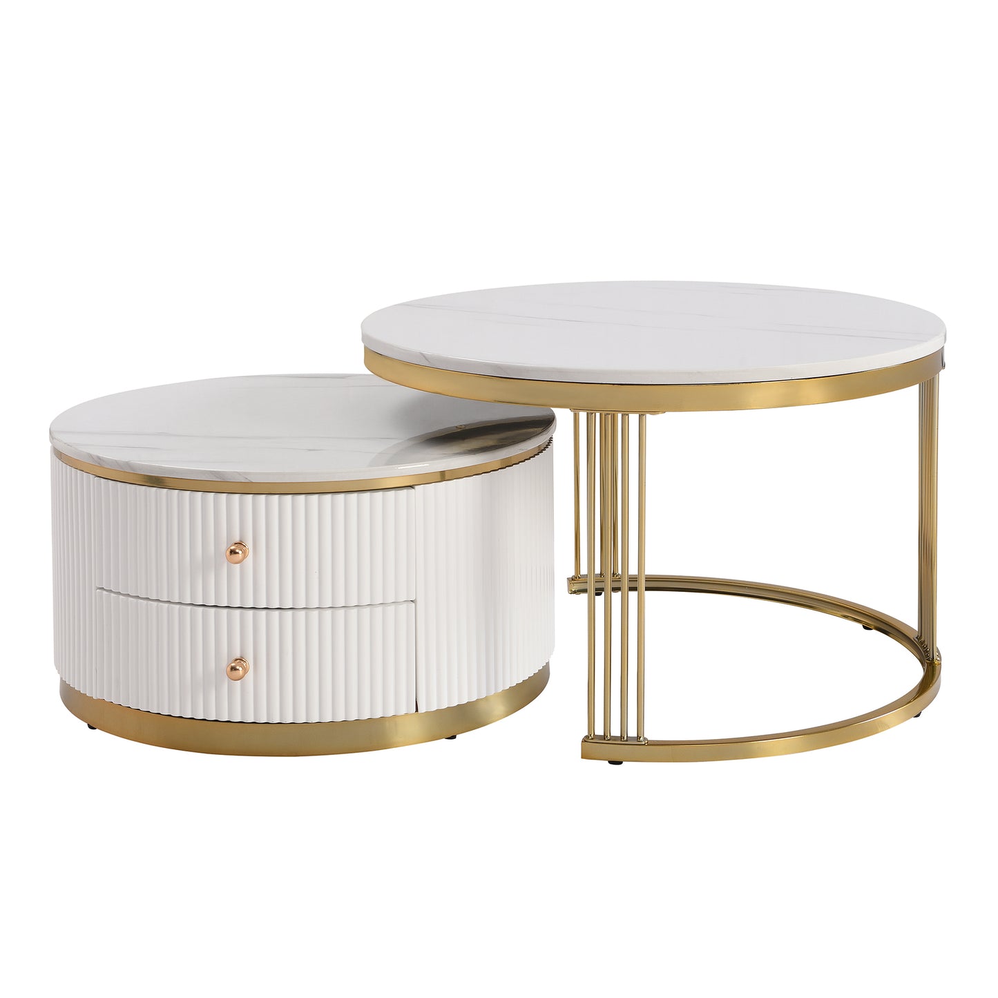 Modern 2 Pieces White Round Nesting  Coffee Table with Drawers in 27.6''