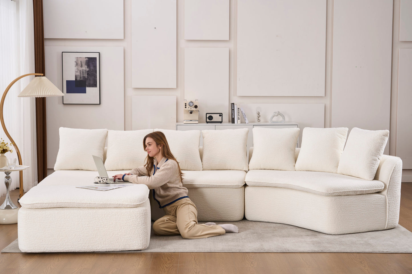 133'' Modular U-Shaped Sectional Compression Sofa with Removable Recliner Module White Woodgrain Chenille Boneless Ideal for Large Living Rooms or Bedrooms Flexible Configuration for a Versatile