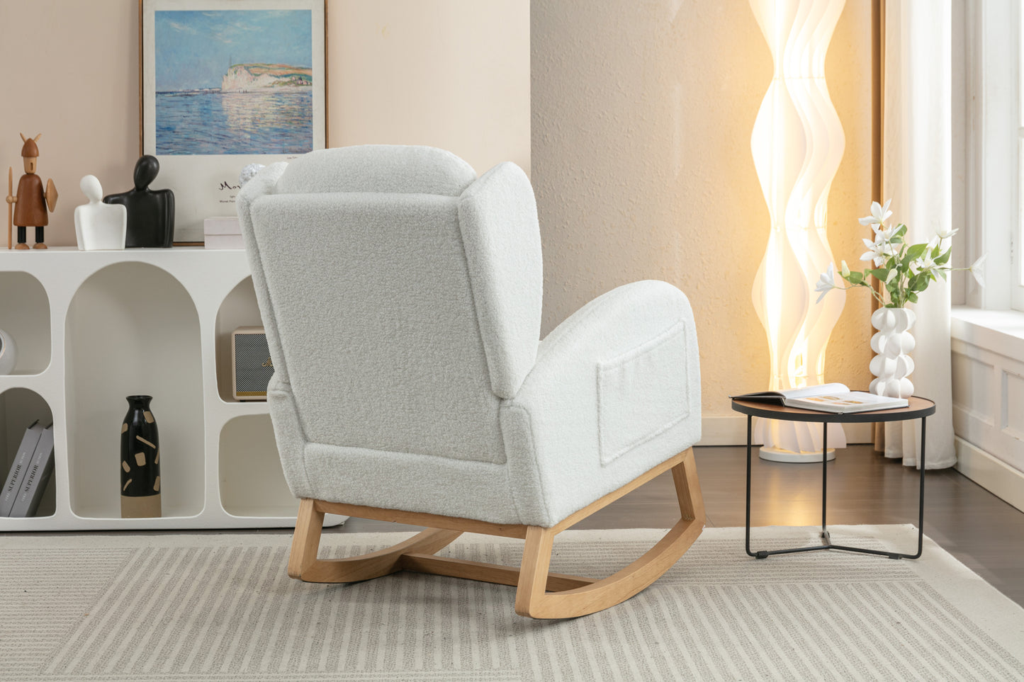 049-Teddy Fabric Rocking Chair With Packet Wood Legs,Ivory