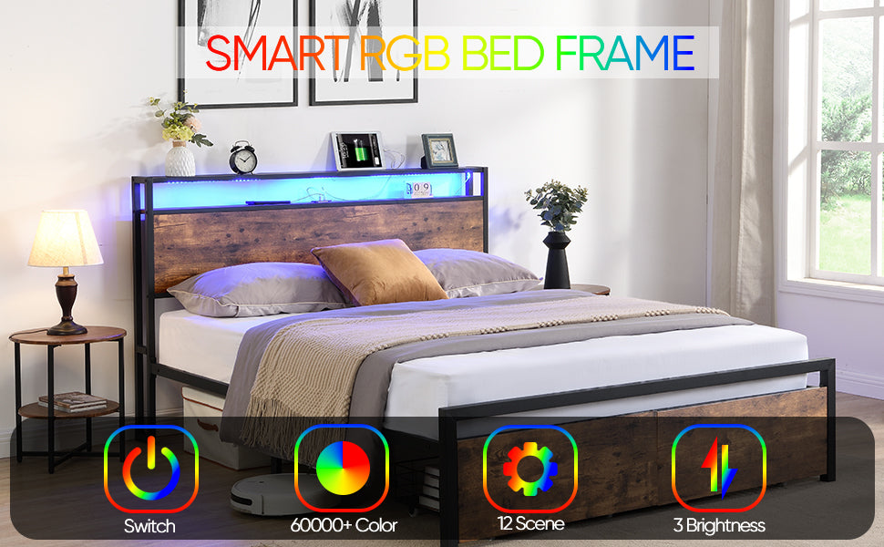 Full Size Bed Frame with Storage Headboard and 2 Drawers, LED Lights Bed with Charging Station, Metal Platform Bed No Noise, Mattress Foundation Strong Metal Slats Support No Box Spring Needed