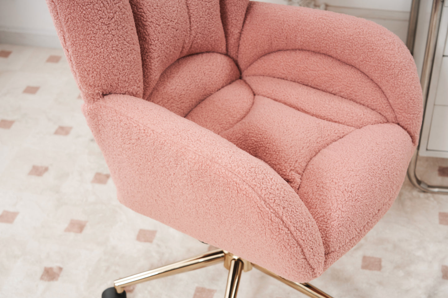 005-Teddy Fabric 360 Swivel Home Office Chair With Gold Metal Base And Universal Wheels,Pink