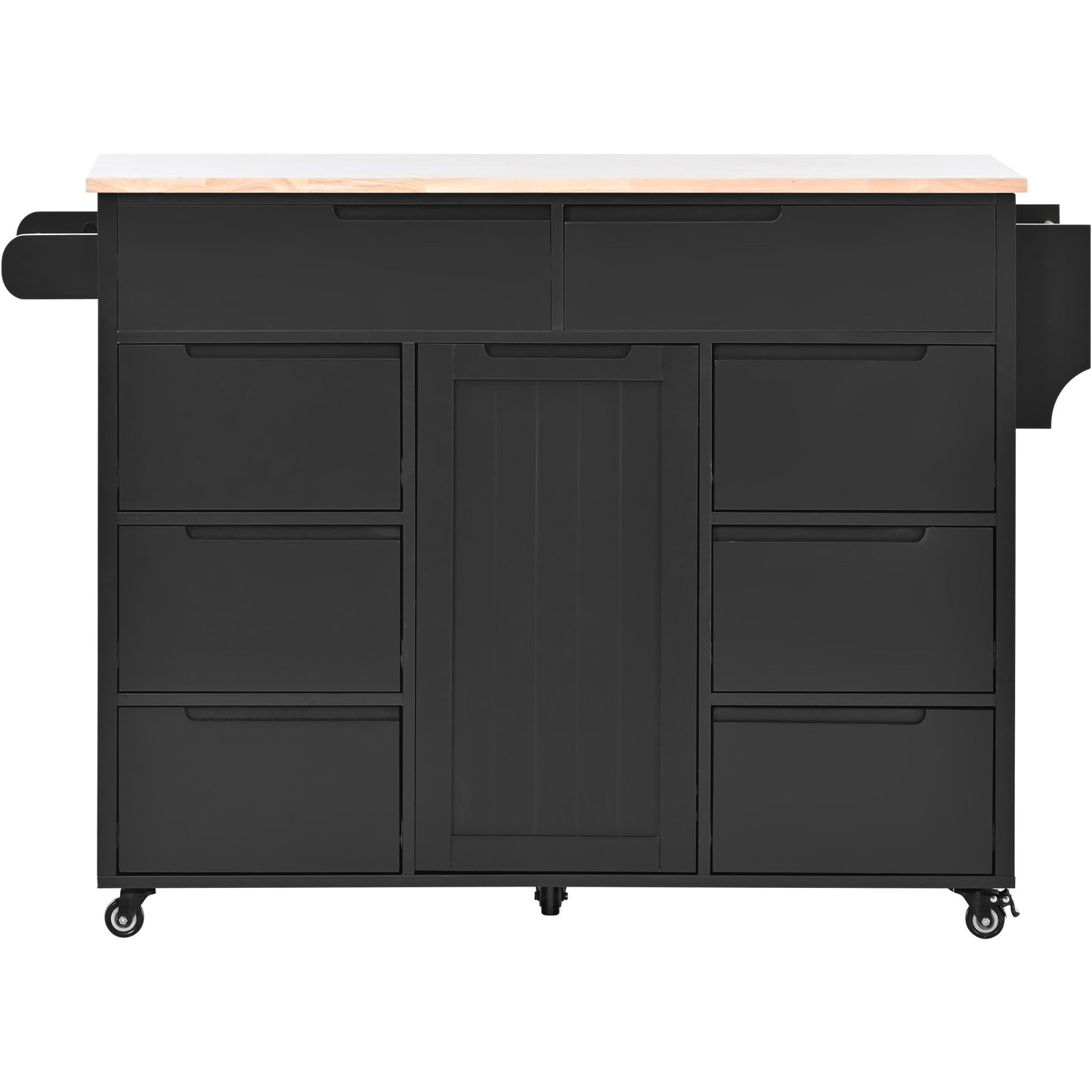 K&K Store Kitchen Cart with Rubber Wood Countertop , Kitchen Island has 8 Handle-Free Drawers Including a Flatware Organizer and 5 Wheels for Kitchen Dinning Room, Black