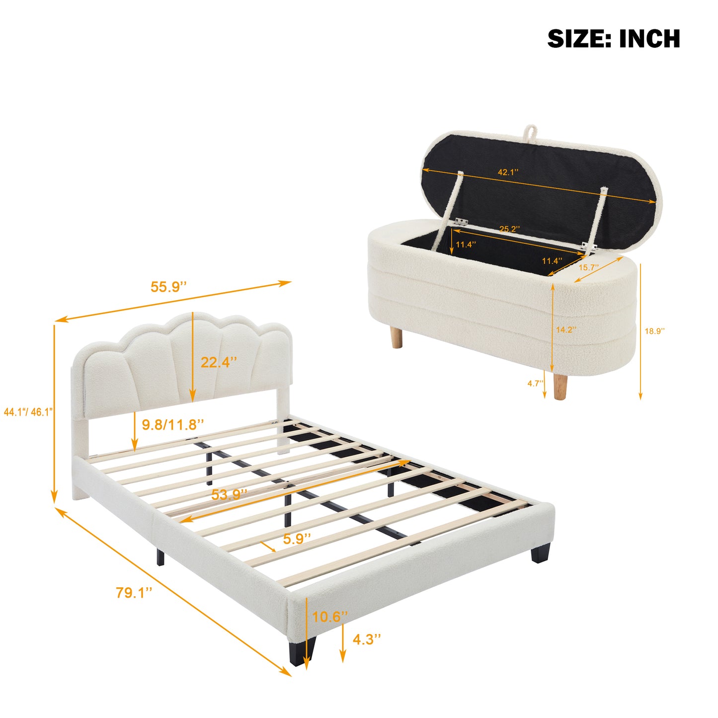 2-Pieces Bedroom Sets Full Size Flower-Shaped Upholstered LED Platform Bed with Storage Ottoman-Sherpa Fabric, White