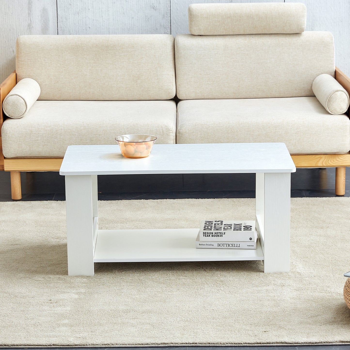 A modern and practical white coffee table. The double layered coffee table is made of MDF material,. Suitable for living room, bedroom, and study. CT-16