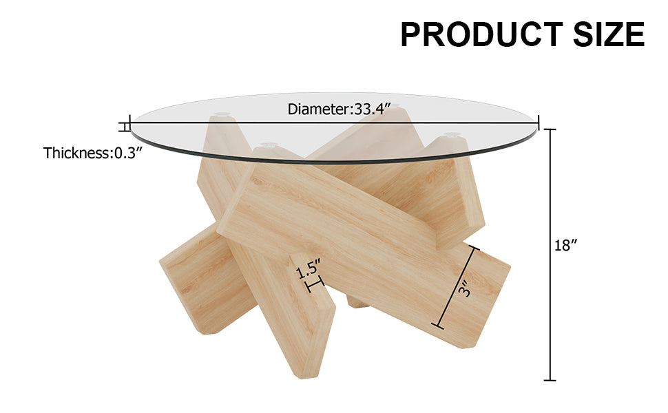 Circular glass coffee table, 33.4-inch modern and distinctive design tea table. Tempered glass countertop, wood colored MDF table legs. Suitable for living rooms and farmhouses