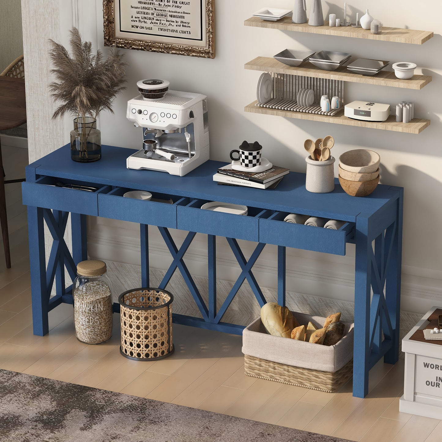 U_Style 60''Acacia Veneer Console Table with 4 Spacious Drawers, Modern Crisscross Design Entryway Table with Open Bottom Storage,Farmhouse Sofa Table for Living Room,Kitchen,Dining Room,Hallway