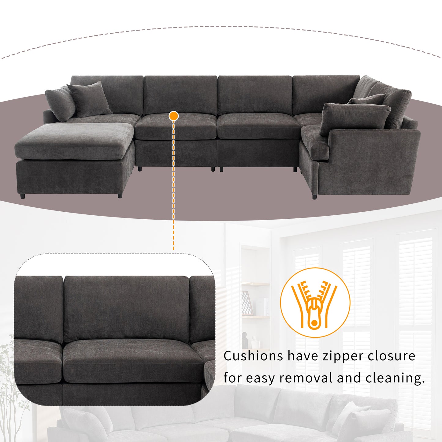 U_STYLE Modern Large U-Shape Sectional Sofa, with Removable Ottomans for Living Room (6-Seater)