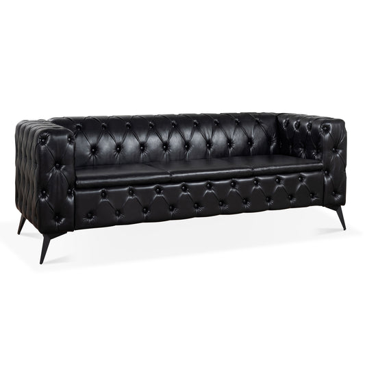 Traditional Square Arm Sofa with Removable Cushions in Black PU, 84.06 Inch Width