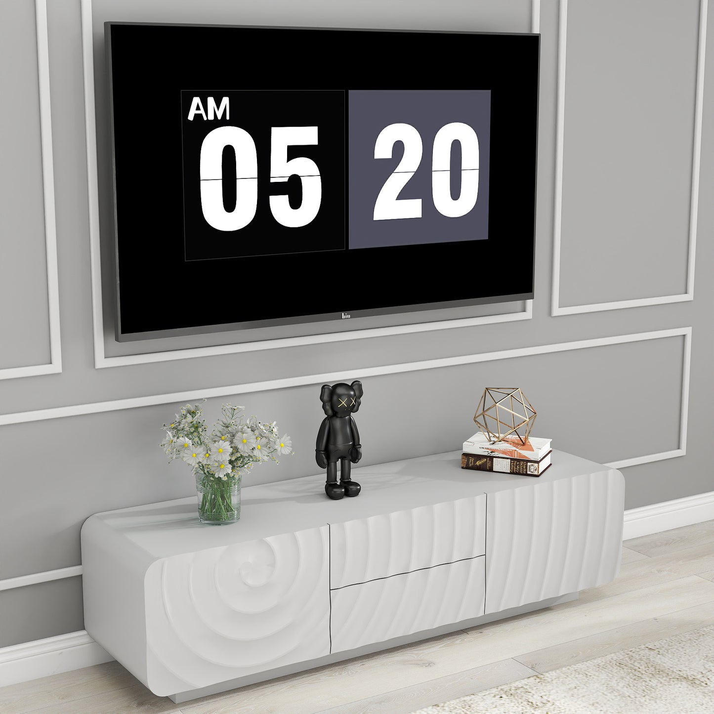 58''Tv Console With Modern Unique Spiral Wave Design With Storage Cabinet And 2 Drawers Tv Stand For Living Room, Bedroom, White
