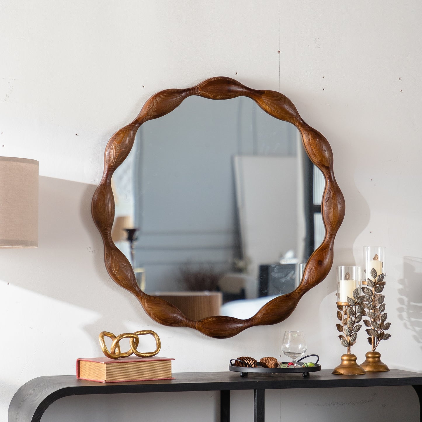 32.28' Solid Wood Round Mirror, Rustic Farmhouse Wavy Irregular Decorative Wall Mirror - Walnut, Large Circle Wood Frame Mirror for Living Room, Hallway, Entryway