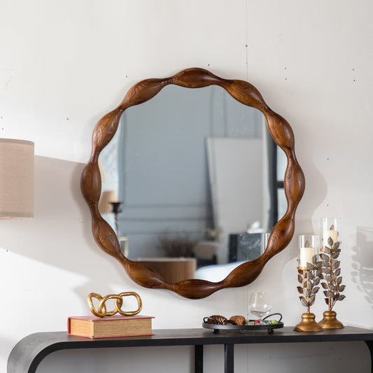 32.28' Solid Wood Round Mirror, Rustic Farmhouse Wavy Irregular Decorative Wall Mirror - Walnut, Large Circle Wood Frame Mirror for Living Room, Hallway, Entryway