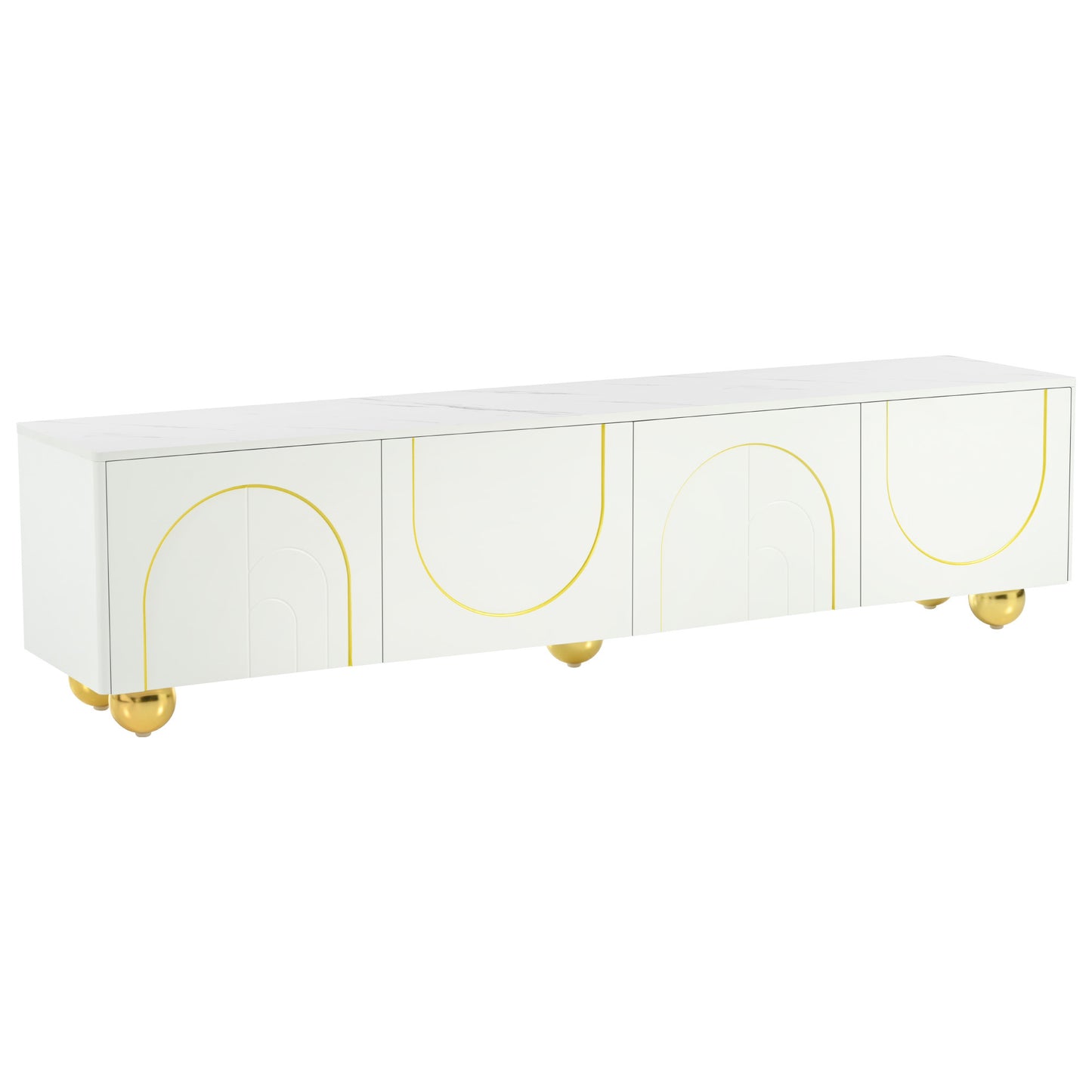 U-Can Modern TV Stand for TVs up to 75 Inches, Entertainment Center with Storage Cabinets and 1 Adjustable Shelf, Media Console with Marble-patterned Top and Golden Round Metal Legs for Living room