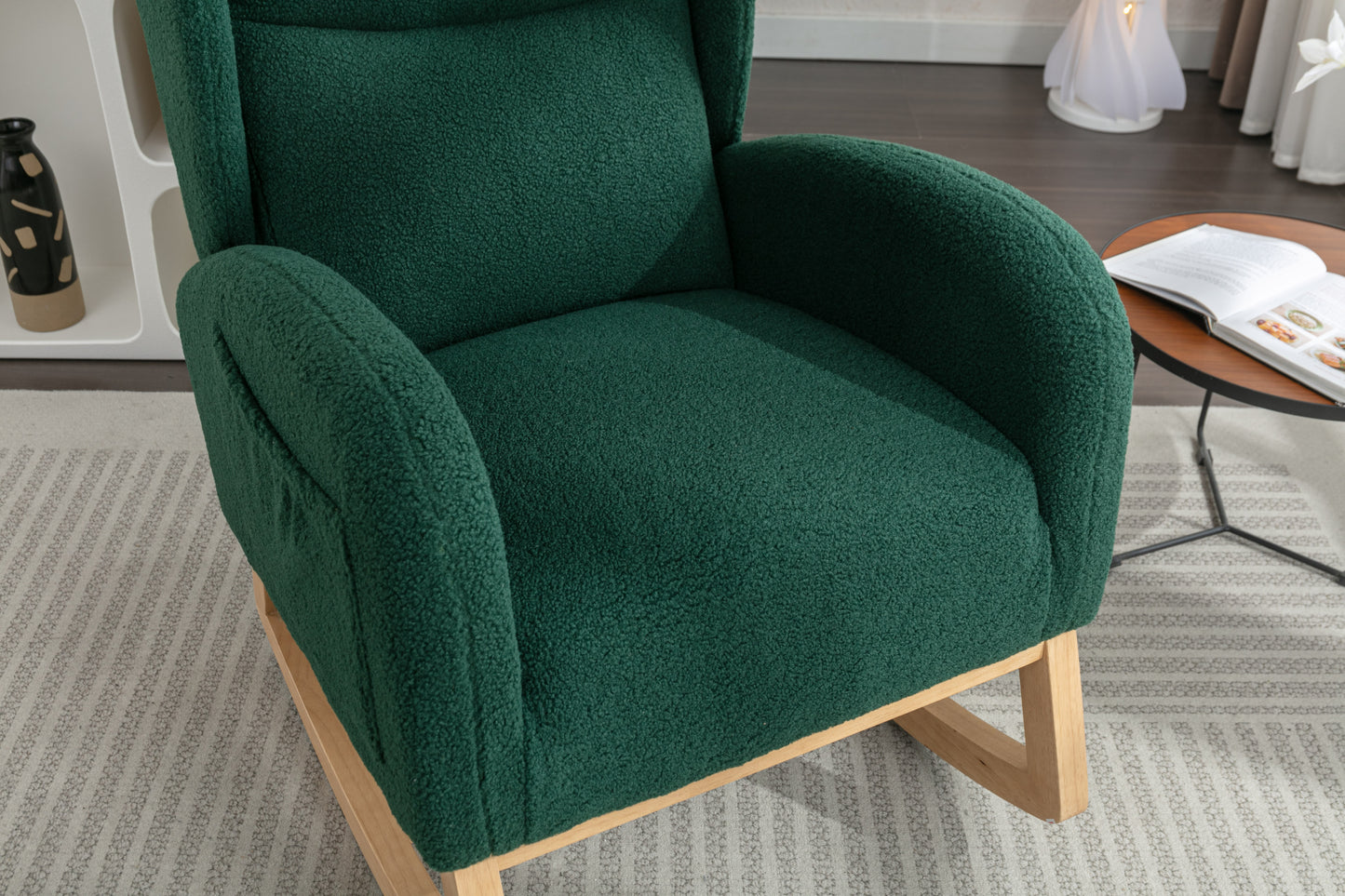 049-Teddy Fabric Rocking Chair With Packet Wood Legs,Green