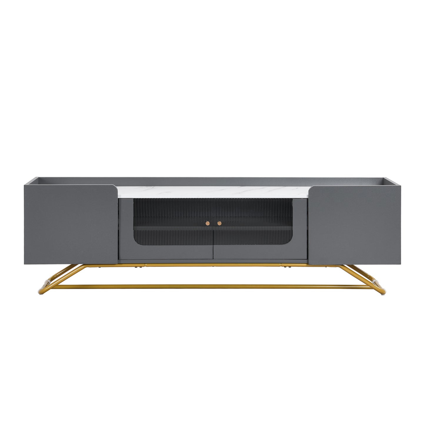 ON-TREND Sleek Design TV Stand with Fluted Glass, Contemporary Entertainment Center for TVs Up to 70", Faux Marble Top TV Console Table with Gold Frame Base, Grey