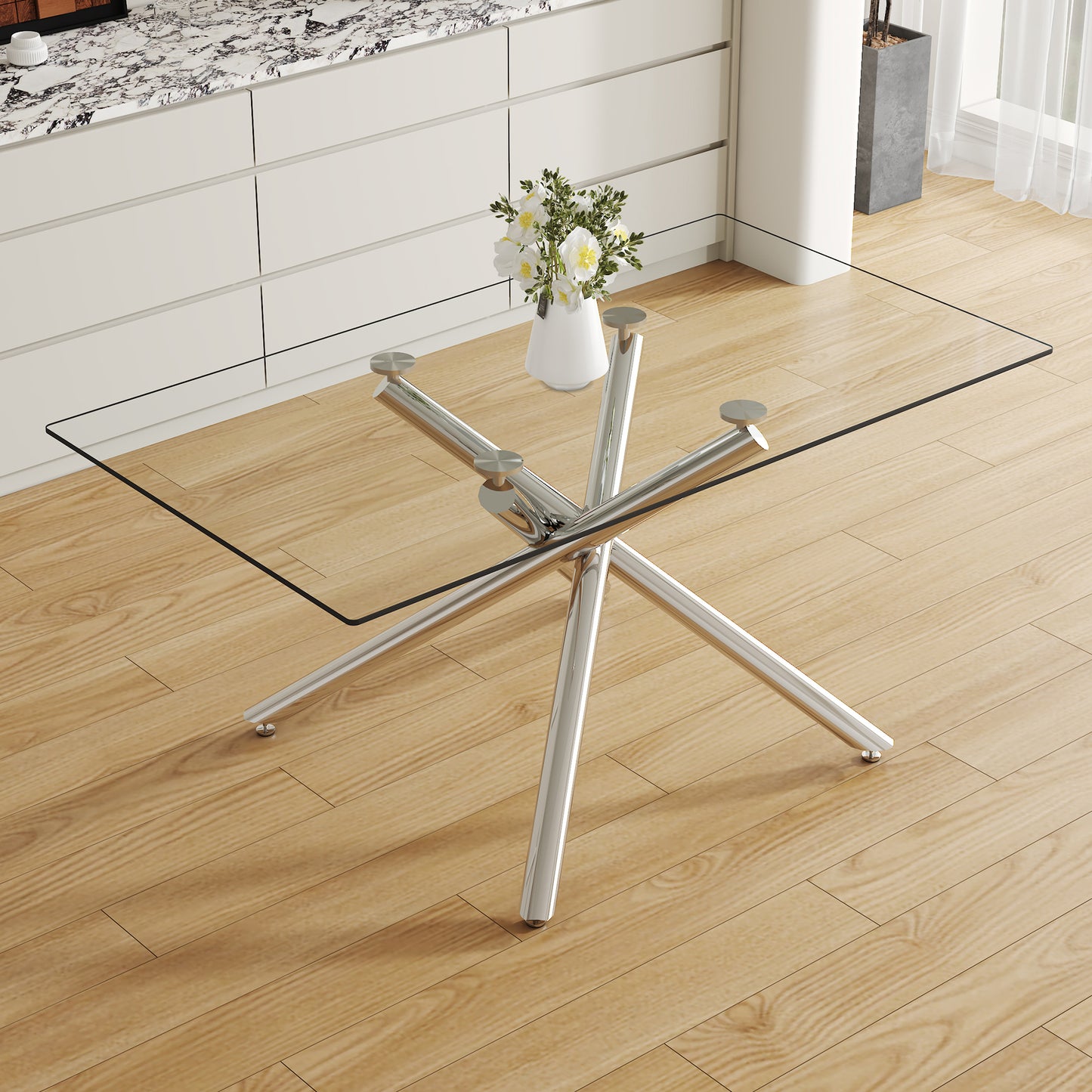 Large Modern Minimalist Rectangular Glass Dining Table with 0.39' Tempered Glass Tabletop and Silver Chrome Metal Legs, for Kitchen Dining Living Meeting Room Banquet hall,63''x35''x 29''W1151S00191