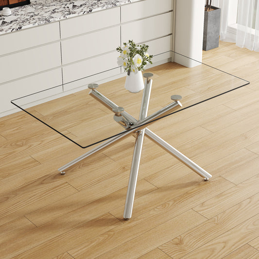 Large Modern Minimalist Rectangular Glass Dining Table with 0.39' Tempered Glass Tabletop and Silver Chrome Metal Legs, for Kitchen Dining Living Meeting Room Banquet hall,63''x35''x 29''W1151S00191