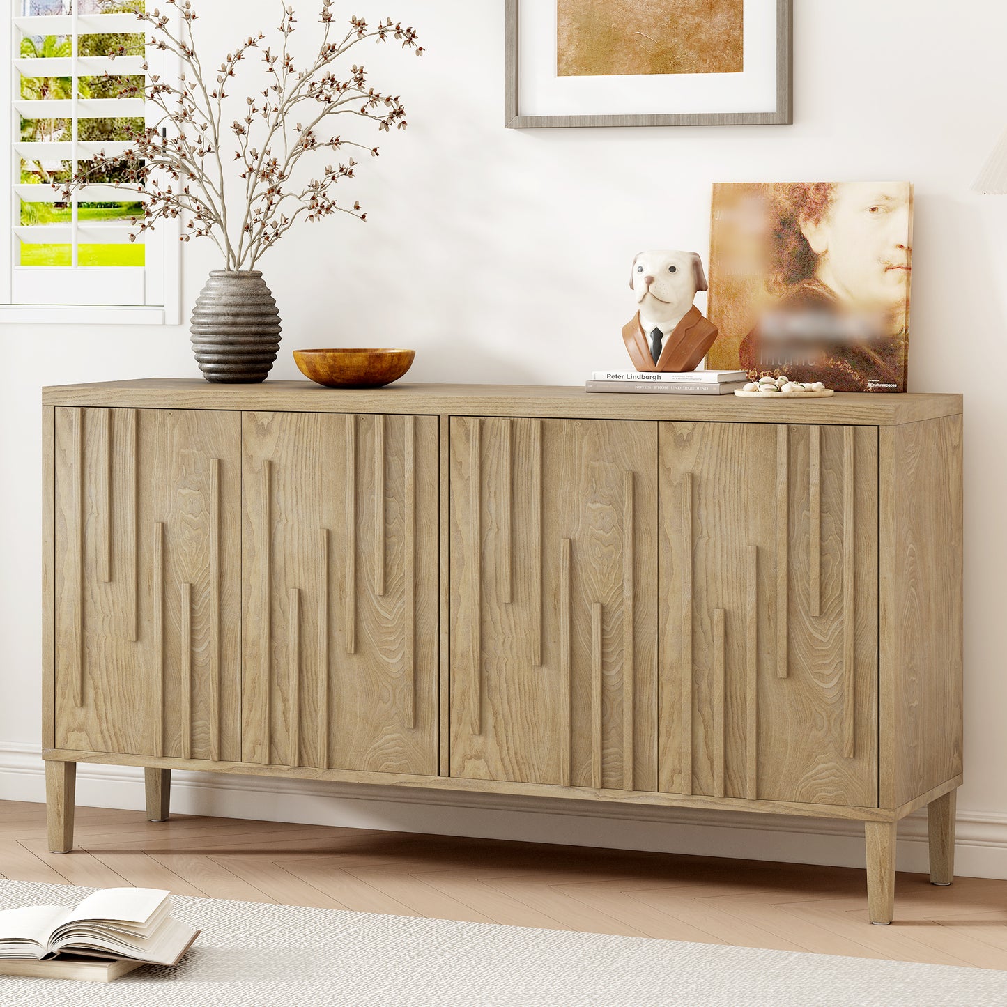U_Style 59.8' 4-Door Sideboard,Hidden Handle,Distinctive Solid Ash Veneer Buffet with Storage, Farmhouse Sideboard TV Stand for Living Room, Hallway, Dining, Wood Office Credenza(Natutal)