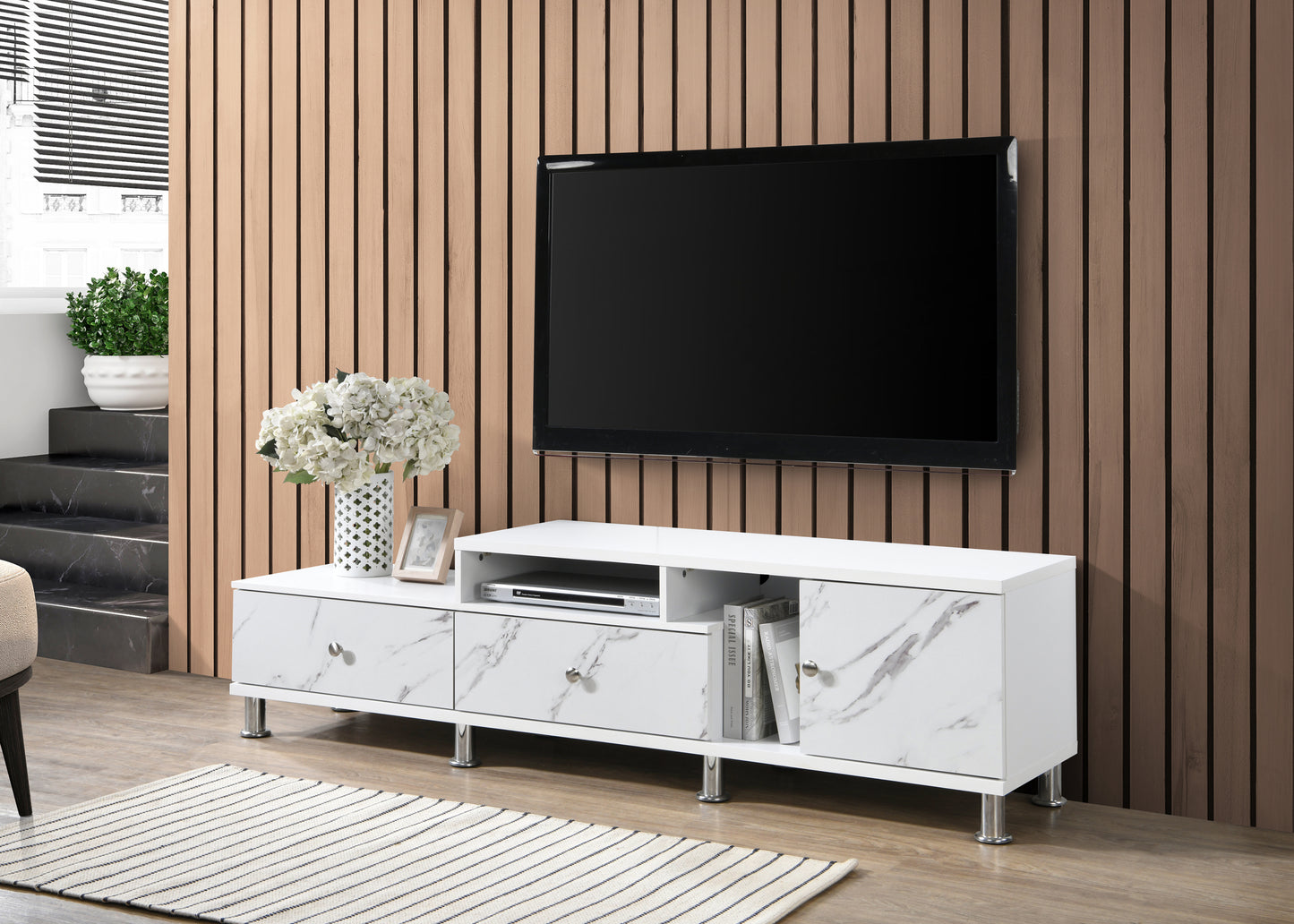 1pc Modern Sleek White Finish Faux Marble Accents Silver-tone Legs TV Stand Console Living Room Furniture
