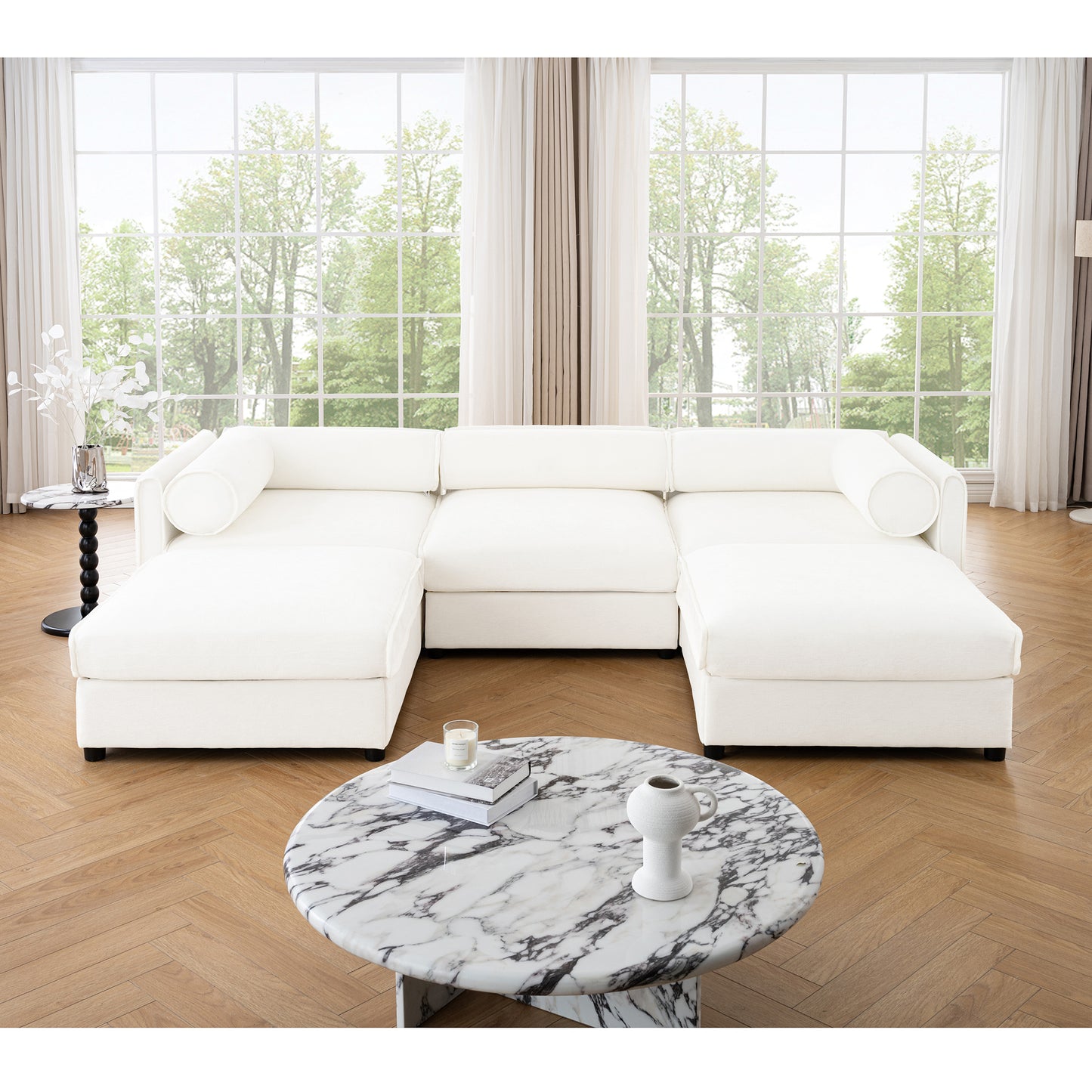 Elegant White Chenille  Sofa with Storage Seat and Ottoman, U-Shaped 3-Seater Cylindrical Backrest and Armrests, Contemporary 3-Seater Fabric Couch with Hidden Storage Compartment