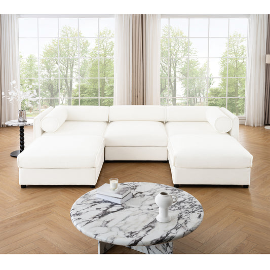 Elegant White Chenille  Sofa with Storage Seat and Ottoman, U-Shaped 3-Seater Cylindrical Backrest and Armrests, Contemporary 3-Seater Fabric Couch with Hidden Storage Compartment