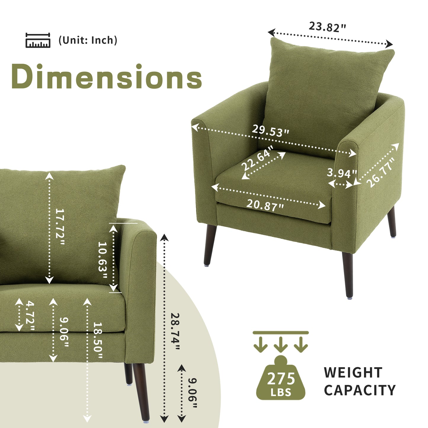 Barrel Chair, Modern Accent Chair, Fabric Armchair Club Chair,Upholstered Arm Chair with Solid Wood Legs,Waist Pillow,Padded Single Chair for Living Room/Bedroom/Study/Waiting Room,Olive Green