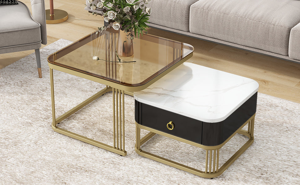 ON-TREND Nesting Coffee Table with Drawer, Set of 2, Exquisite Square Stacking Coffee Tables with Brown Tempered Glass, Side Table with High Gloss Marble Grain Tabletop for Living Room, Black