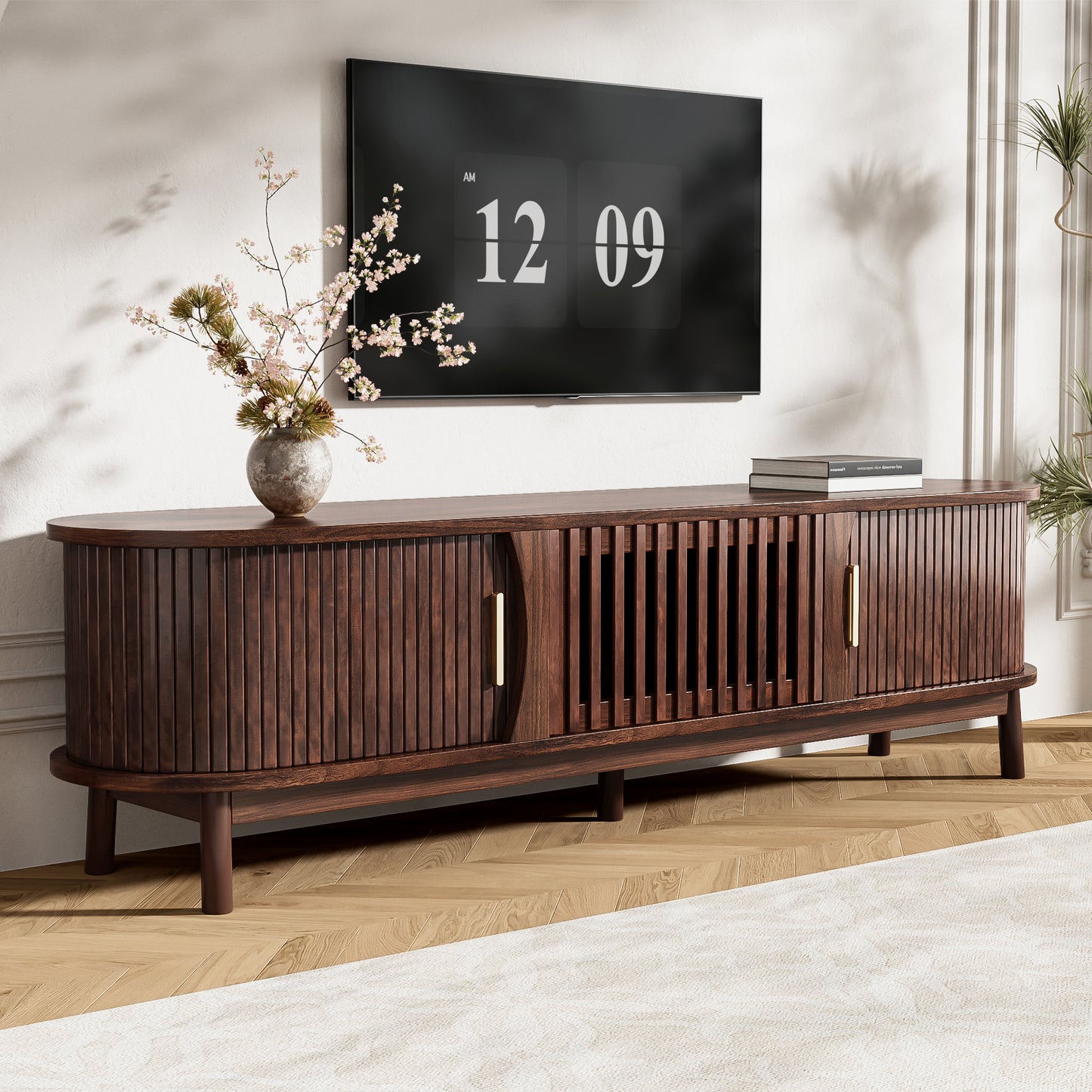 Modern Farmhouse TV Stand for 75' TVs, Wood Entertainment Center with Storage Cabinet, TV Console Table for Living Room, Bedroom