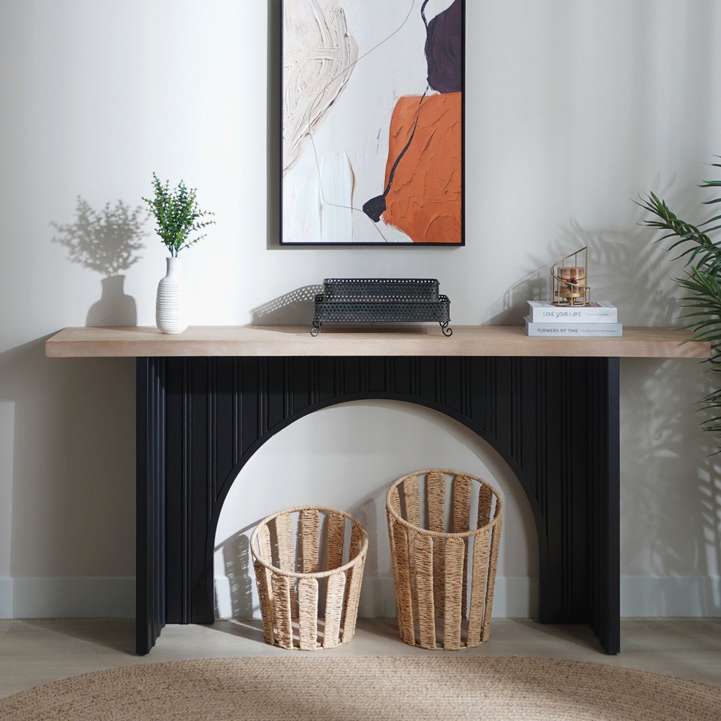 Modern Minimalist Console Table with Black Arch Base and Natural Wood Top,66in Length Console Table,Wood Table