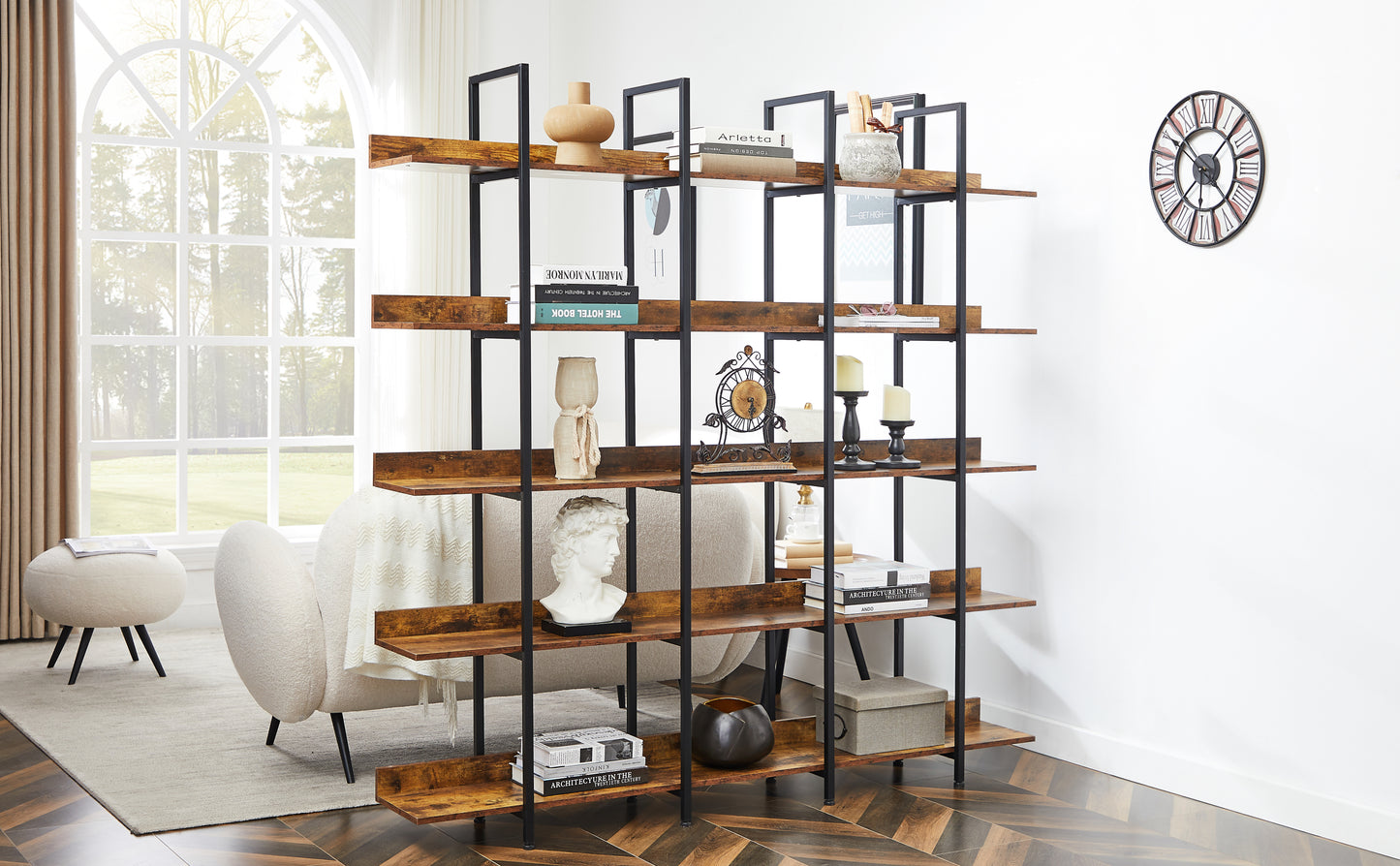 5 Tier Bookcase Home Office Open Bookshelf, Vintage Industrial Style Shelf with Metal Frame, MDF Board