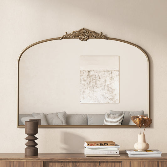 Vintage Arched Gold Mirror: 40'x30' Arched Antique Brass Mirror with Full Metal Frame Baroque Traditional Ornate for Entryway,Fireplace, Living Room, Hallway
