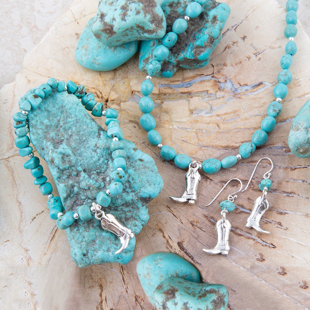 Cowgirl Up Blue Turquoise Sterling Silver Boot Charm Stretch Bracelet