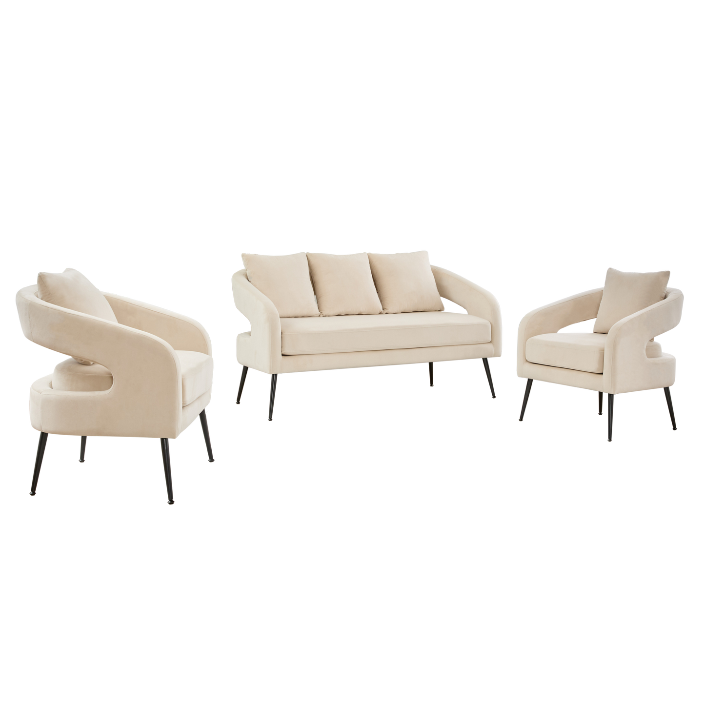 Mid Century Modern Velvet 3-Piece Living Room Set with Metal Legs in Beige, Loveseat & 2 Accent Chairs, Upholstered in Soft Velvet with Round Arms and Solid Wood Frame