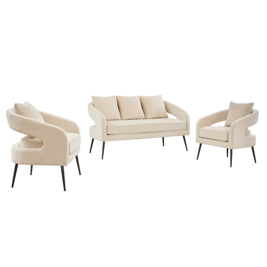 Mid Century Modern Velvet 3-Piece Living Room Set with Metal Legs in Beige, Loveseat & 2 Accent Chairs, Upholstered in Soft Velvet with Round Arms and Solid Wood Frame