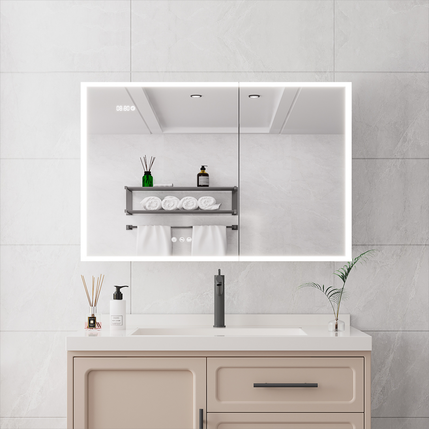 Bathroom Medicine Cabinet with Lights, 36×24 Inch LED Medicine Cabinet with Mirror, Double Door Lighted Medicine Cabinet with Defogger, Dimmer, Clock & Temp Display, 2 Outlets & USB Ports