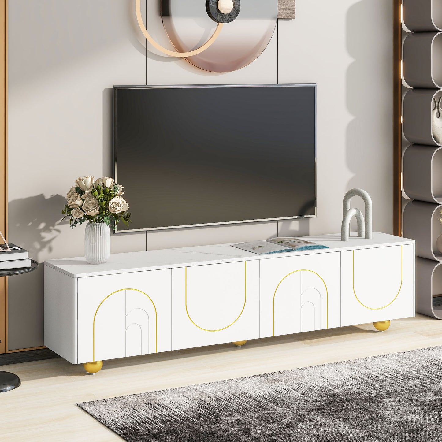 U-Can Modern TV Stand for TVs up to 75 Inches, Entertainment Center with Storage Cabinets and 1 Adjustable Shelf, Media Console with Marble-patterned Top and Golden Round Metal Legs for Living room