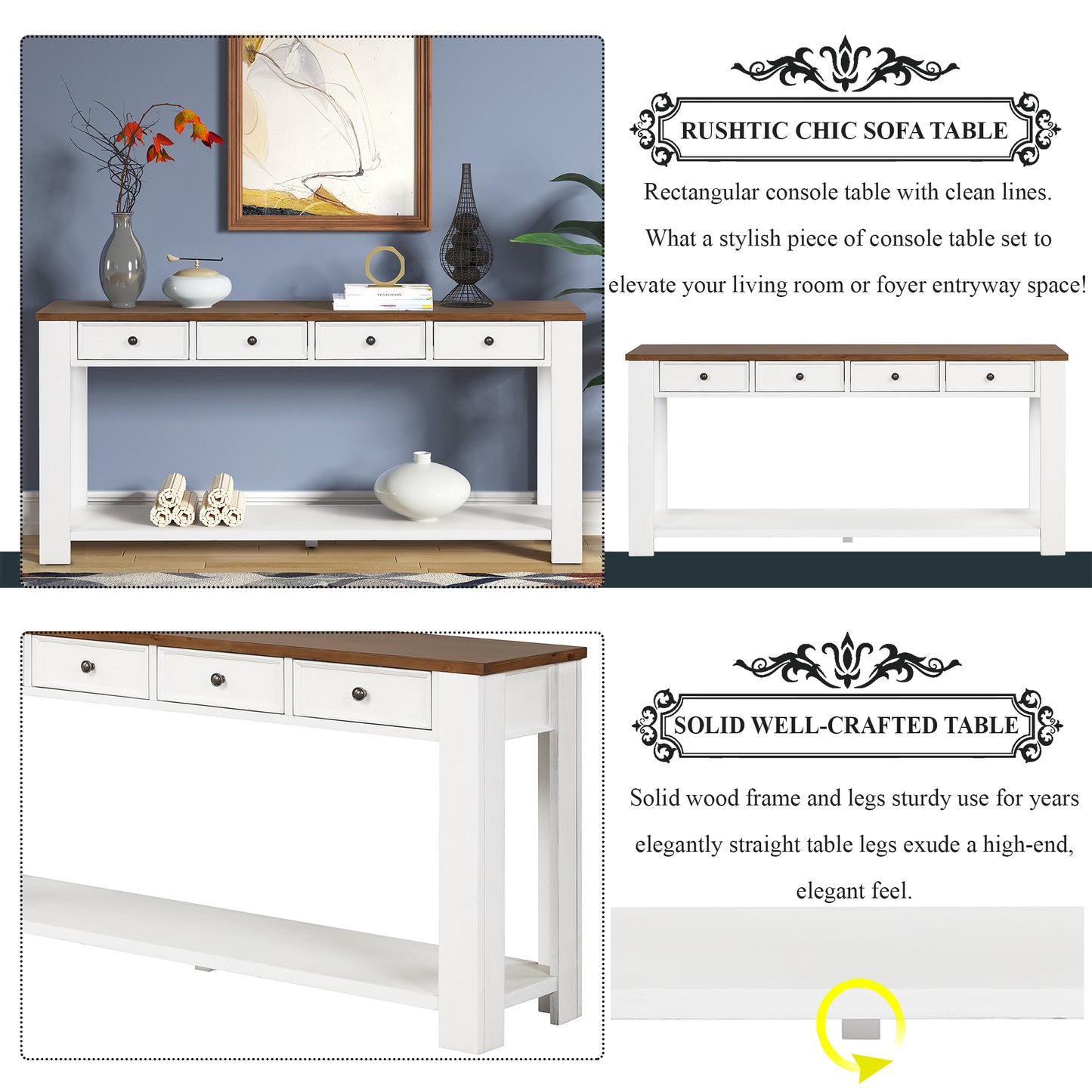 63" Pine Wood Console Table with 4 Drawers and 1 Bottom Shelf for Entryway Hallway Easy Assembly 63 inch Long Sofa Table  (Antique White+ Brown Top)