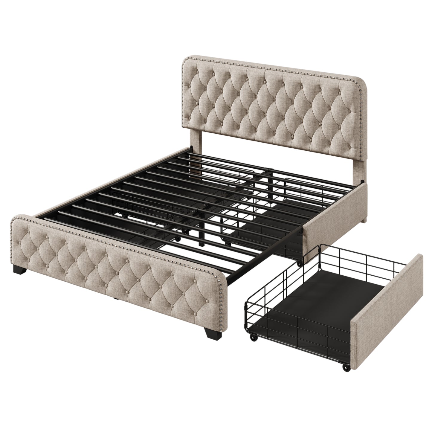 Upholstered Platform Bed Frame with Four Drawers, Button Tufted Headboard and Footboard Sturdy Metal Support, No Box Spring Required, Beige, Queen (Old sku:BS300279AAA)
