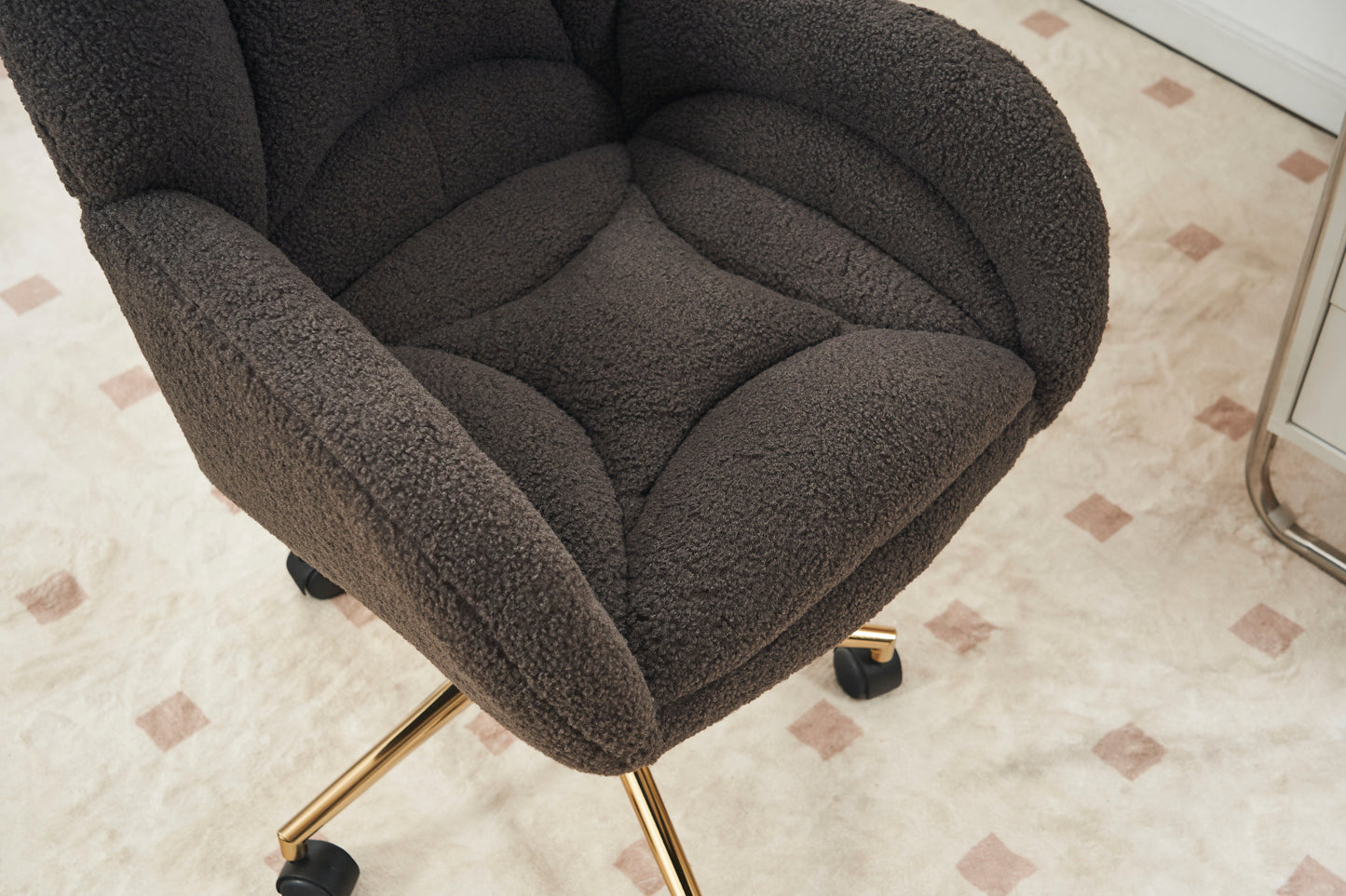 005-Teddy Fabric 360 Swivel Home Office Chair With Gold Metal Base And Universal Wheels,Dark Gray