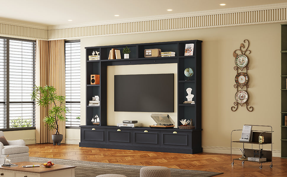 ON-TREND Large Wall Unit Entertainment Center with Bookshelves for TVs Up to 78'', Modern TV Console with Cabinets and Open Shelves, 4-in-1 TV Stand with Golden Handles, Black, 104.2''W*81.2''H