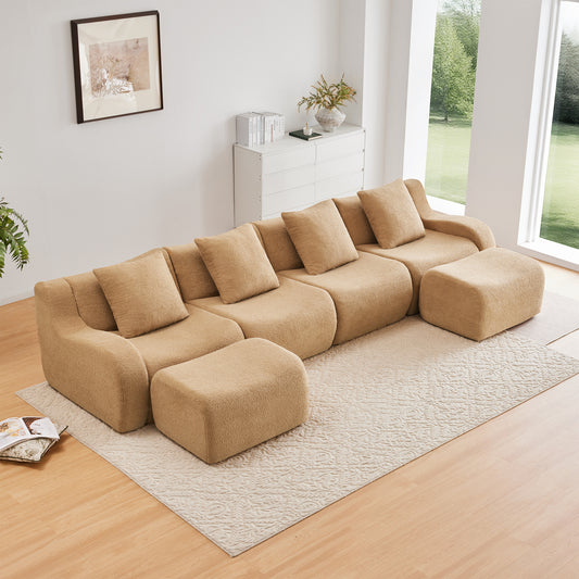 U-Shaped Boneless Sofa,Teddy Fabric No assembly required   Curved armrest,Anti-slip Design,Streamlined Design 32D High Density Sponge,Full Compression Vacuum Packag,For Studies living Rooms,Camel