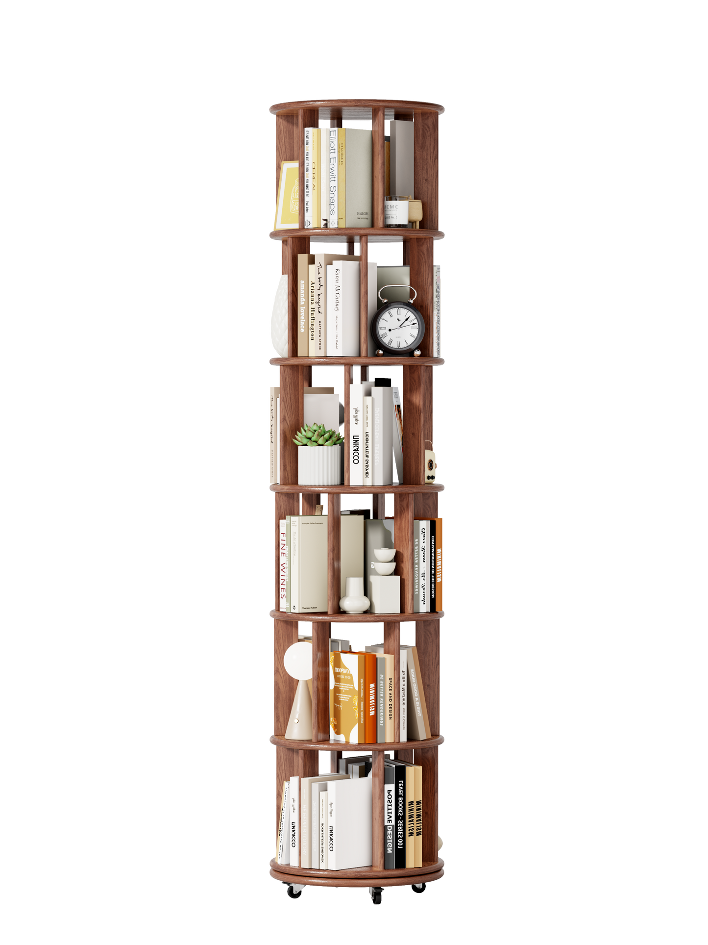 100%Solid Wood Rotating Bookshelf on Wheels, 6 Tier, Round Revolving Bookcase, 360° Spinning Book Shelf Tower for Kids, Narrow Rolling Bookshelves for Small Space, Corner, Bedroom, Office, Walnut