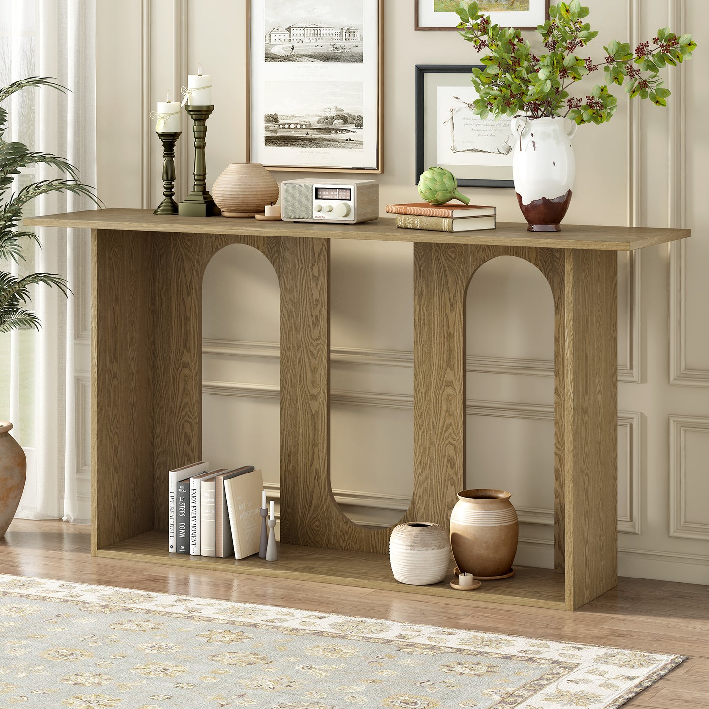 U_STYLE Modern and Curved Design Ash Veneer Console Table with Shelf,Suitable for Entryway,Hallway Living Room,Foyer,Corridor