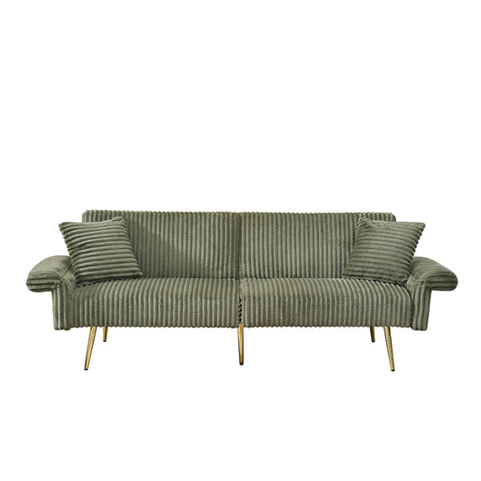 Modern Corduroy Sofa Bed, Foldable Double Sofa with Armrests, Green Velvet, 79 Inch