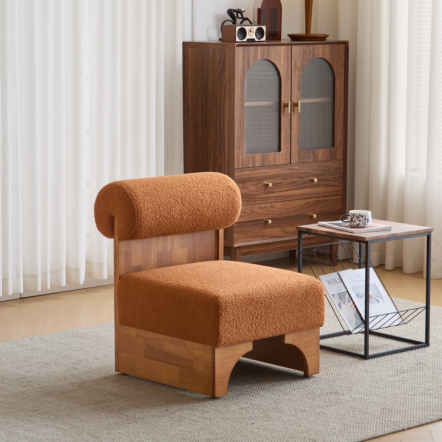 Modern Boucle Lounge Chair with Solid Wood Frame and Rolled Backrest, Soft and Durable Boucle Upholstery, Ideal for Living Room, Bedroom, or Office