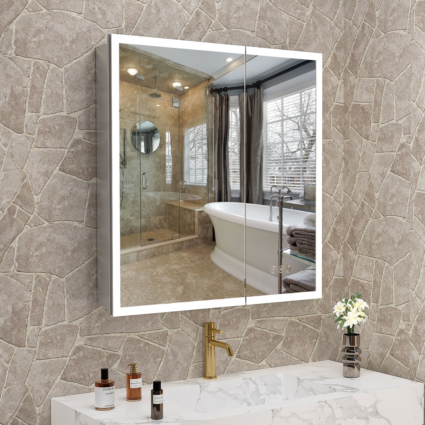 LED Lighted Medicine Cabinet with Mirror, 30*32Inches Bathroom Mirror Cabinet with Lights,Recessed or Wall Mounted, 3 Color TemperaturesAnti-Fog