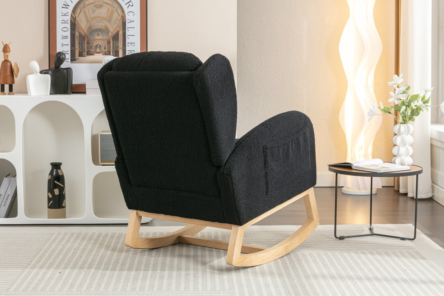 049-Teddy Fabric Rocking Chair With Packet Wood Legs,Black