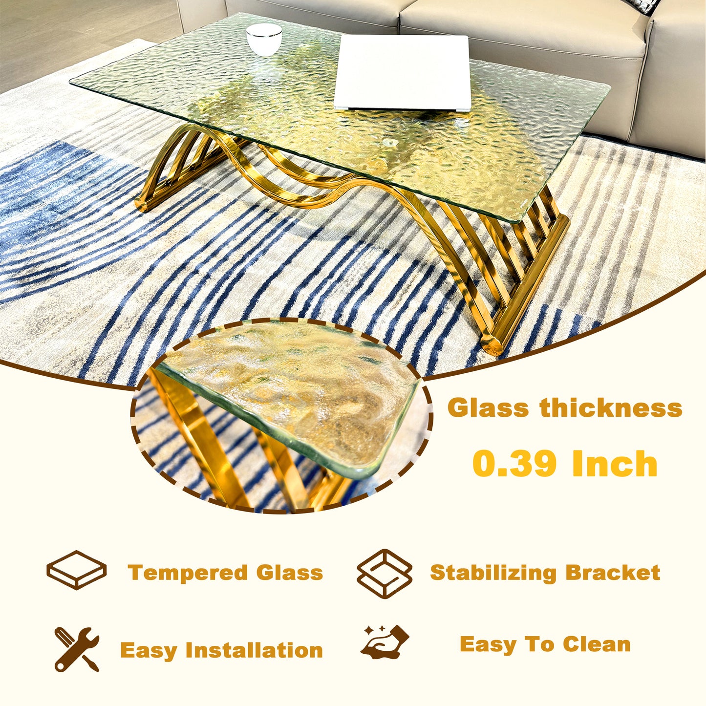 Modern Design GOLD Stainless Steel Frame Coffee Table Water Tempered Glass Coffee Table for Bedroom Living Room