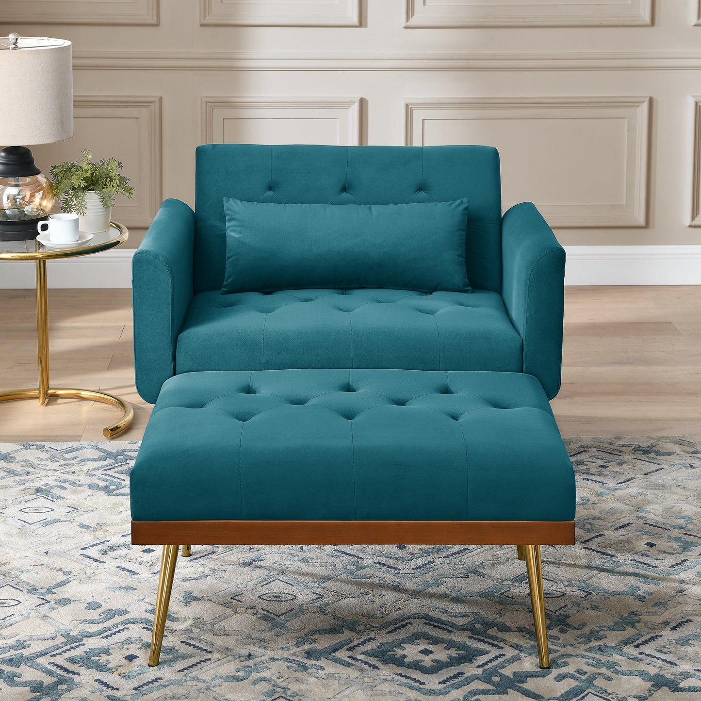 Recline Sofa Chair with Ottoman,Two Arm Pocket and Wood Frame include 1 Pillow, Teal (40.5"x33"x32")
