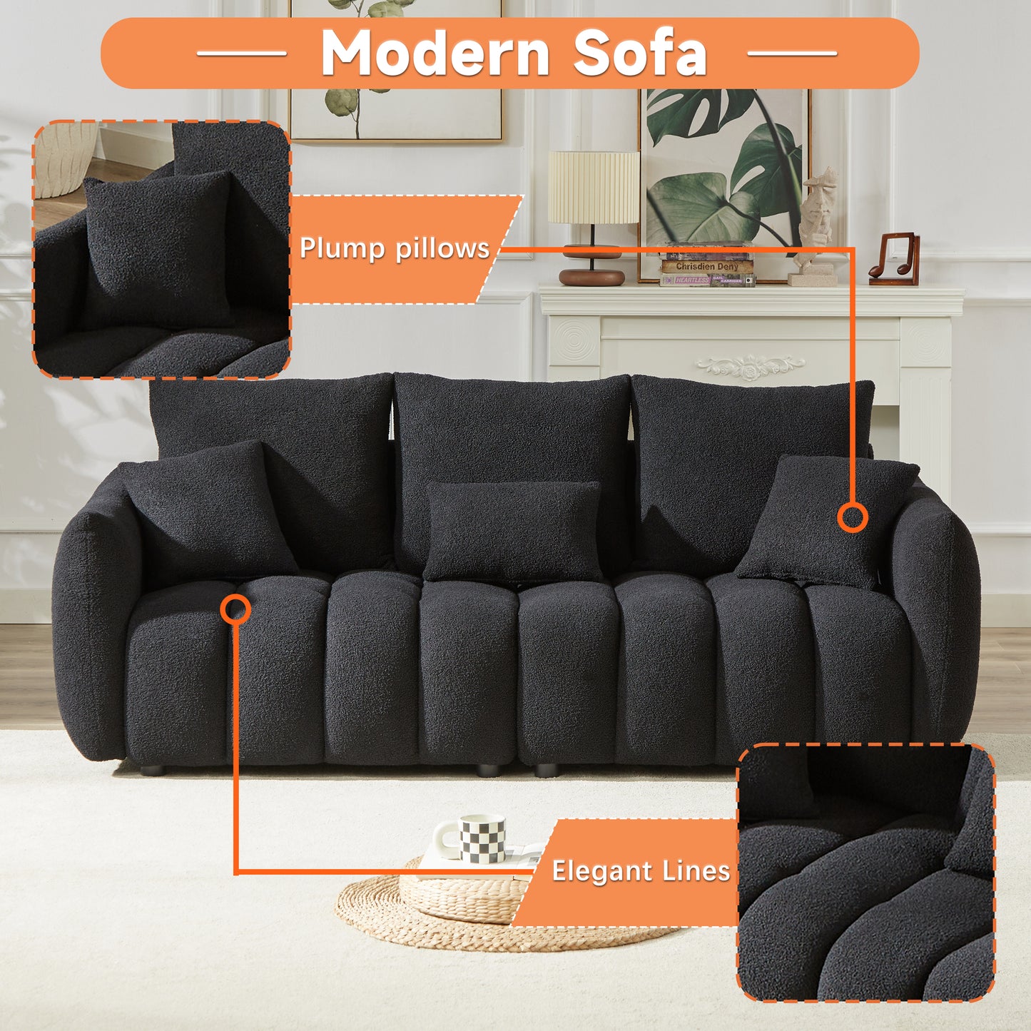 1 Seater + 3 Seater + 3 Seater,  Combo Sofa Modern Living Room Sofa, Teddy Sofa, Wooden Frame, 7 Cushions, Apartment Sofa Furniture